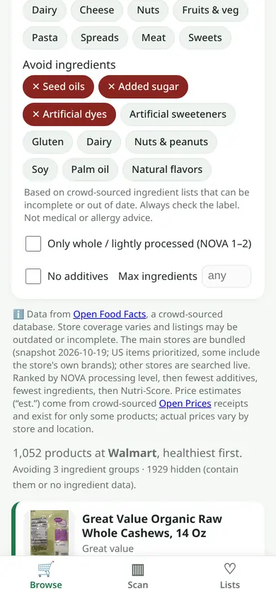 Browse view with Avoid chips for seed oils, added sugar and dyes switched on