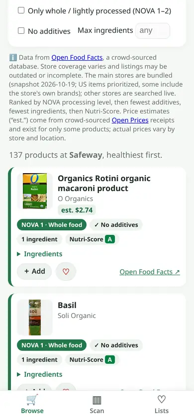 Product cards with estimated prices