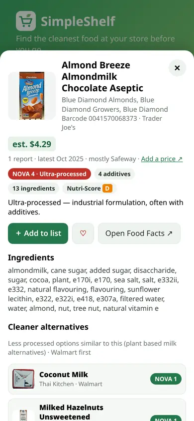 Scan result sheet showing the processing level, ingredient warnings and alternatives